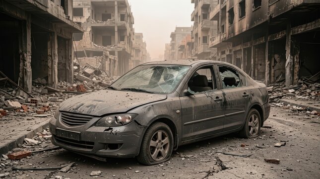 Dust covered damaged sedan parked amid debris in bombed out city street with collapsed buildings and rubble strewn around