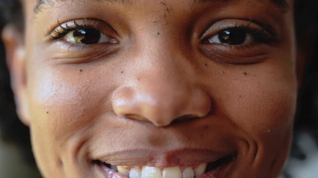Camera starting, smiling woman shifting lips and jaw in studio close-up, showing dimples and teeth