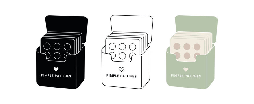 Pimple patches box icon set. acne stickers, hydrocolloid bandages, spot treatment packaging, skincare product. line, flat and colored vector icon set.