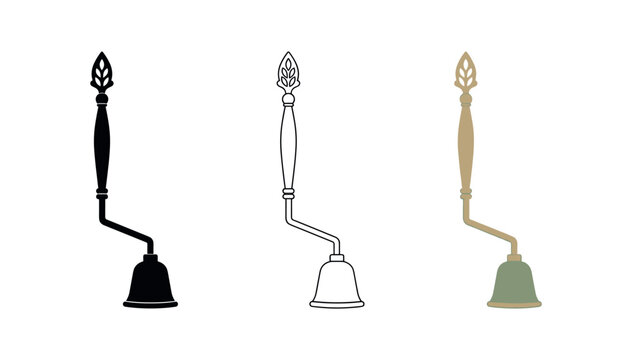 Candle snuffer icon set. long-handled wick extinguisher, ornate handle, brass snuffer, candle safety, vintage tool. line, flat and colored vector icon set.