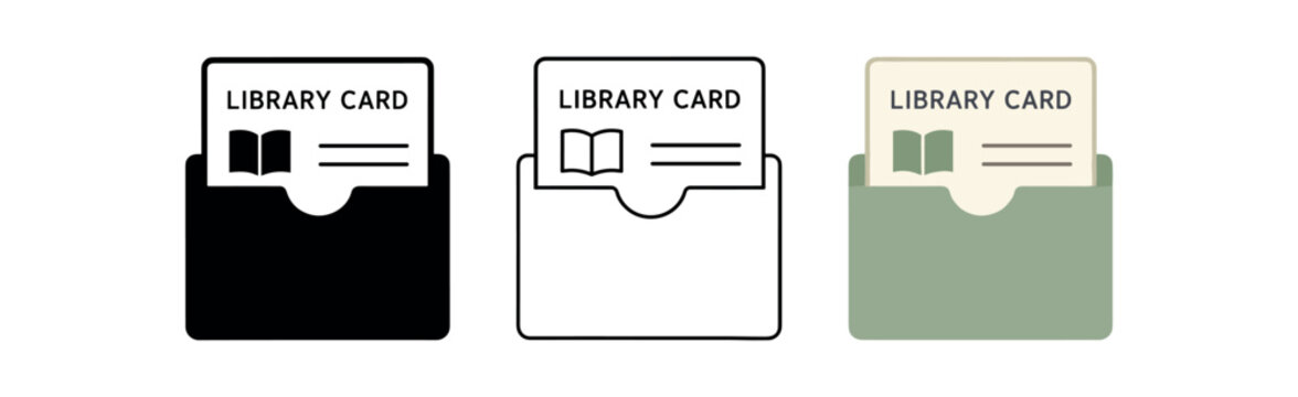 Library card in pocket icon set. library card, cardholder, book, membership, archive, catalog. line, flat and colored vector icon set.