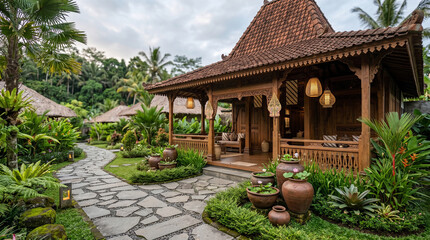 Obraz premium Exterior view of a traditional Indonesian wooden house surrounded by tropical plants and a stone garden pathway in a peaceful rural setting