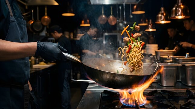 Chef hands tossing noodles in wok over open fire flame, dynamic stir fry cooking action in professional restaurant kitchen