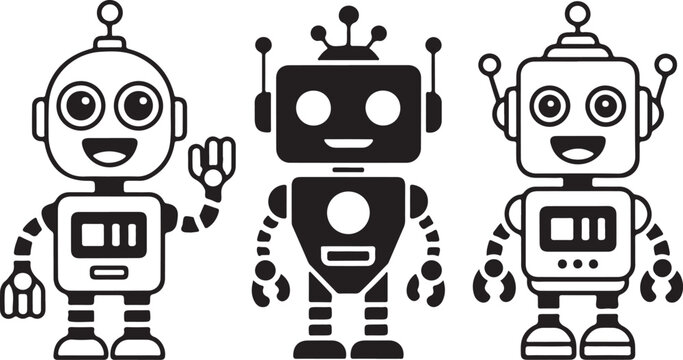 Sets of black robot smiling face icon. Futuristic cute help bots in minimalistic style, silhouette of a lonely robot and a surprised, fearful companion, robot vector icon, Chatbot symbol silhouette.
