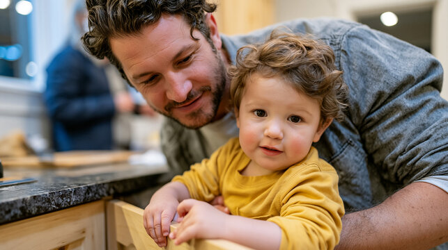 Father at eye level with toddler demonstrating how childproof cabinet latch releases safely, kitchen remodel safety features highlighted during parent education moment in bright family home with ped