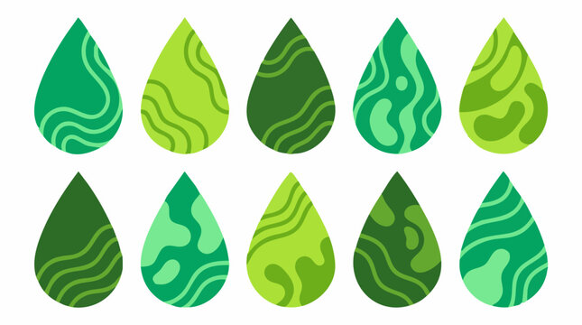 Abstract green water drops with fluid patterns and various shades
