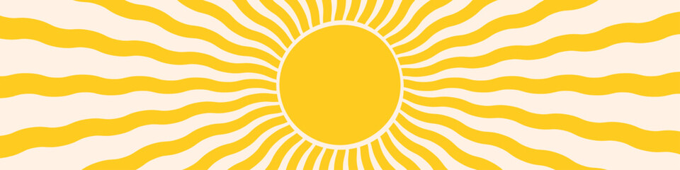 Abstract groovy retro sunburst summer background. Vibrant yellow wavy sun rays in psychedelic hippie 70s style. Funky sunshine radial wave pattern vector illustration © Olga Tsikarishvili
