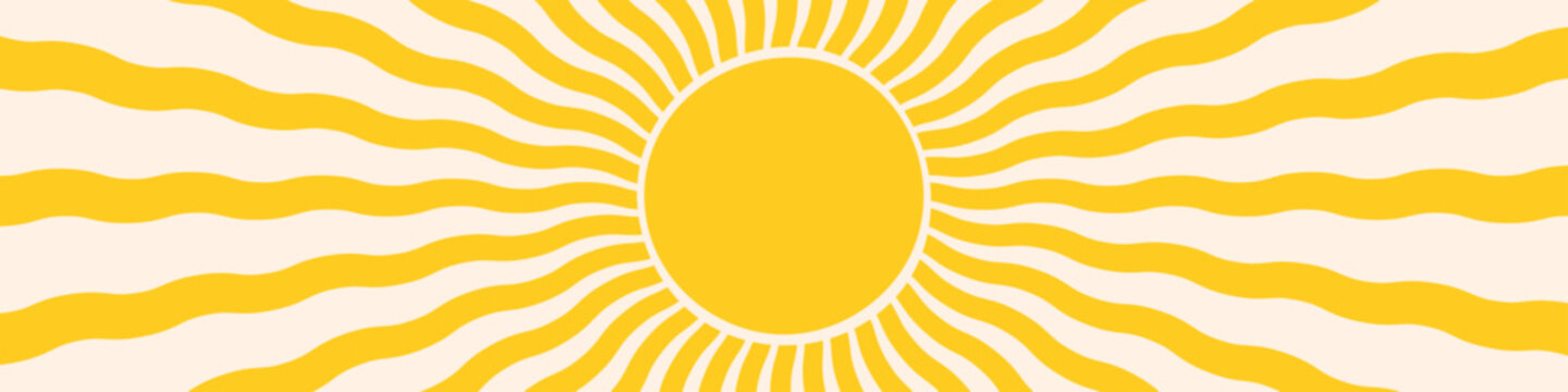 Abstract groovy retro sunburst summer background. Vibrant yellow wavy sun rays in psychedelic hippie 70s style. Funky sunshine radial wave pattern vector illustration