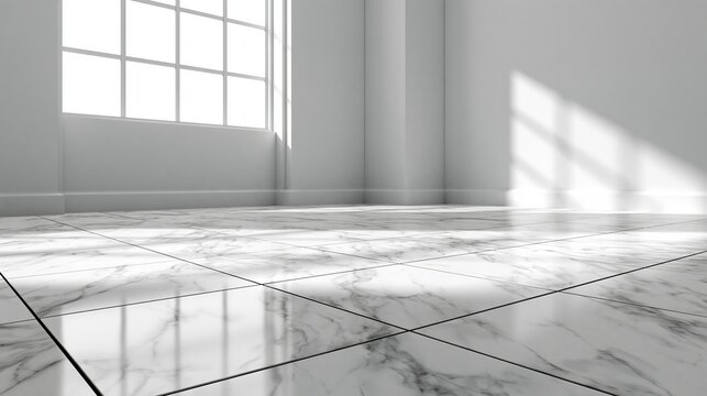 3d rendering of white tile floor in perspective, empty space or room, light from window. Modern interior home design of living room, look clean, bright, surface with texture pattern for background.
