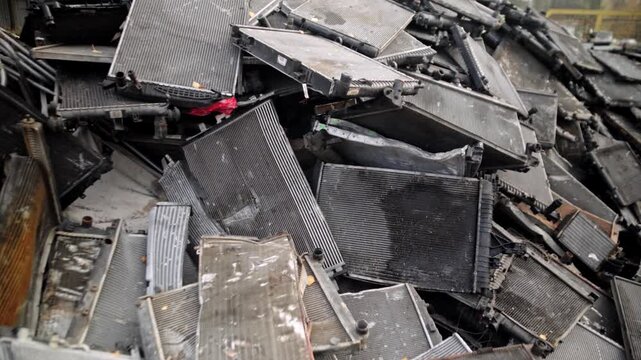 
Recycling of old cars. Automotive scrap. Recycling. Ecology and the environment. Scrap metal from old, destroyed cars. Metal recycling.