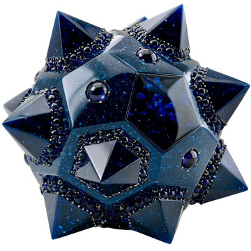Unique geometric shape made of dark blue material displayed  on a transparent background with clean lines and sharp points