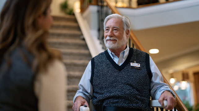 Senior man seated on stair lift mid-ascent gripping armrest, certified aging-in-place specialist standing at bottom observing safety demonstration, carpeted staircase in well-lit two-story home duri