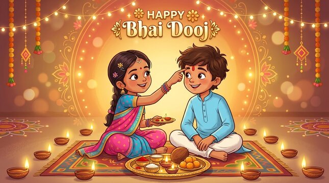 Happy Bhai Dooj Vector Illustration: Sister Applying Tilak on Brother's Forehead for Indian Festival, Cute Cartoon Siblings Celebrating Bhai Phont or Bhau Beej with Diya and Sweets Puja Thali