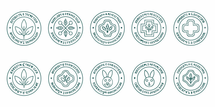 Circular Eco Certification Badges With Leaf And Rabbit Motifs Vector Illustration