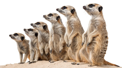 Small family group of wild exotic african meerkats standing alertly on rear legs for safari nature on transparent background © Lobov