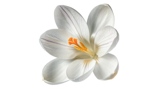 Single beautiful white crocus or magnolia flower head with yellow stamens for spring botanical design on transparent background