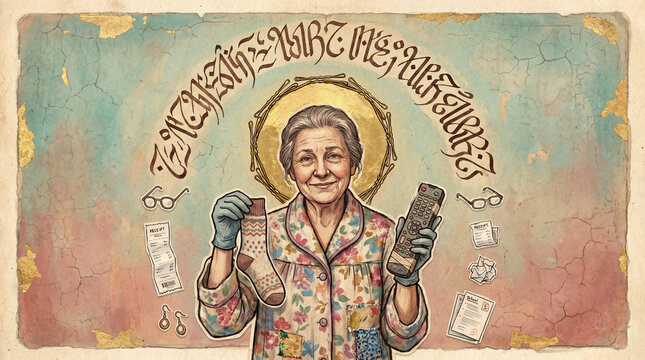 Humorous vintage illustration of an elderly woman with a golden halo holding a lost sock and remote control. Aunt finding missing household objects concept