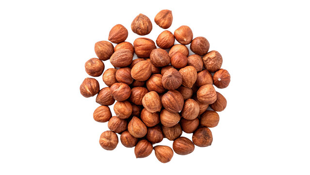 Small pile group of whole organic brown hazelnuts or filbert nuts in shells for healthy snacks on transparent background