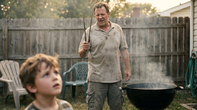 Exasperated man with soot on his shirt holding tongs at a smoking backyard barbecue. Funny uncle and nephew bonding moment during summer cookout