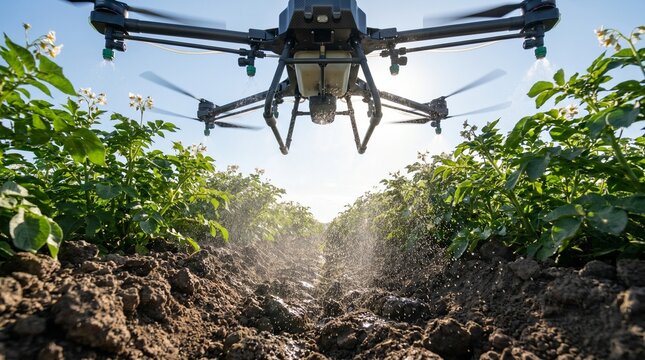 AI generated image of an agricultural drone spraying pesticide for pest control over a green potato field, smart farming and crop protection concept