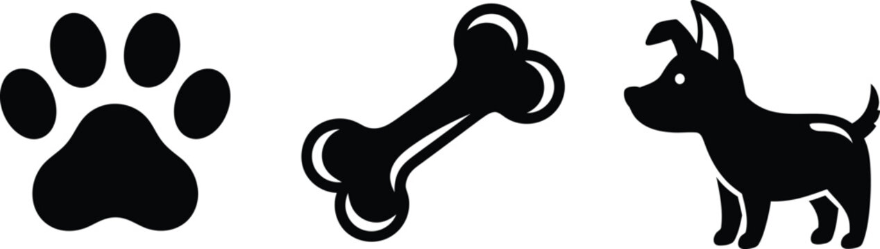 Black silhouette of a dog paw print bone and dog on white background