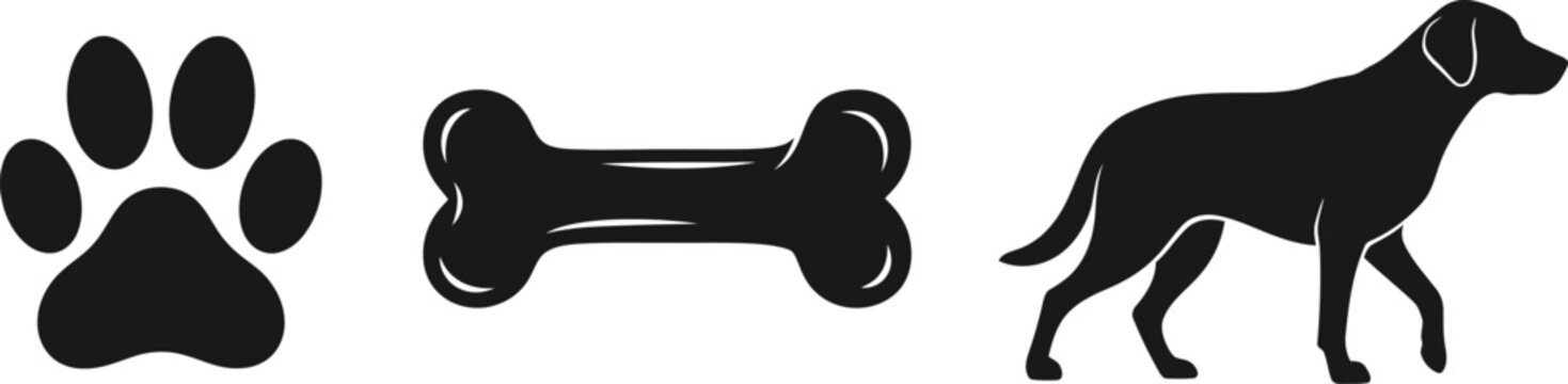 Black silhouette of a dog paw print dog bone and a dog