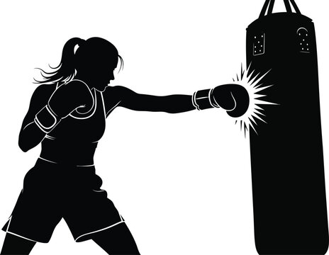 Black silhouette of a woman boxing punching bag with impact lines fitness