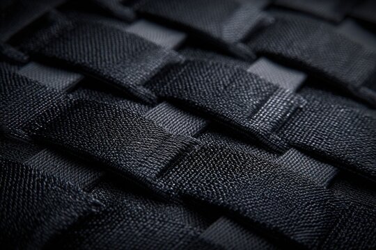 Macro Black Woven Textile Grid Pattern, Interlaced Synthetic Nylon Strap Fabric Close-Up, Technical Material Texture
