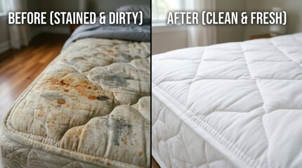 Naklejka premium Close up mattress before stained and dirty and after clean fresh condition displayed on bed in bedroom interior scene