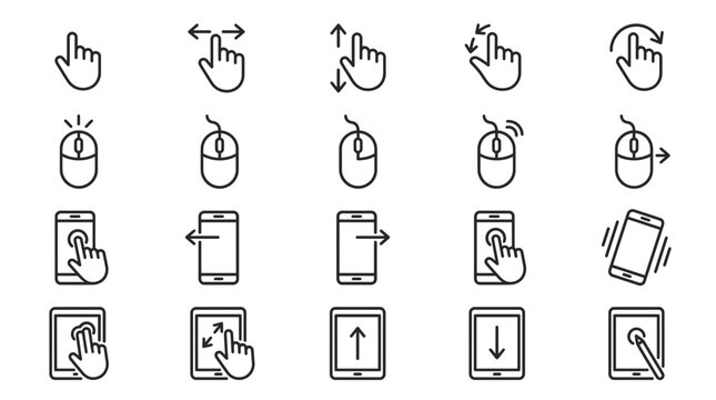 Thin line icons set of touch screen gestures and computer mouse clicking actions on white background, representing user interface navigation, illustrating digital technology interaction