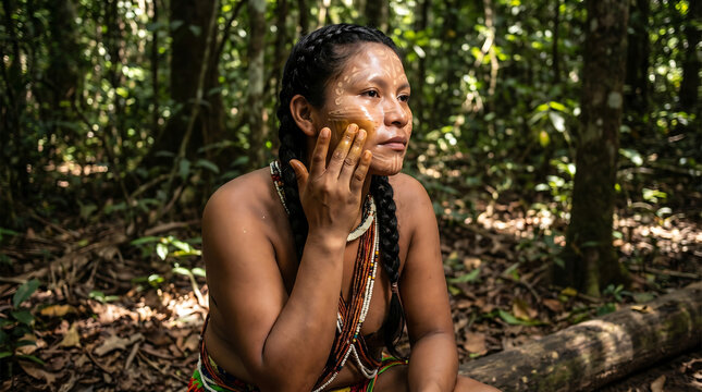 Woman with braided hair and bead adornments applying natural pigment in rainforest.