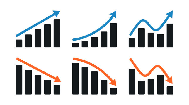 Collection of financial bar chart icons with blue rising arrows and orange falling arrows on a clean white background, represents business growth analysis and symbolizing market volatility
