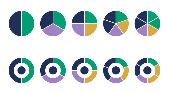 Set of colorful flat circular pie and donut chart infographics with different segments isolated on white background, representing data visualization, symbolizing business analytics