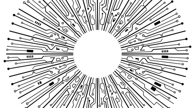 Abstract black circuit board lines radiating from central white circle on white background, Symbolizing high tech digital connectivity and illustrating core processor hardware power
