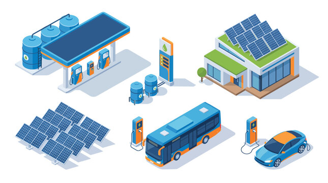 Isometric collection of renewable energy infrastructure with solar panels and electric vehicle charging stations, illustrating clean technology and future smart city concepts