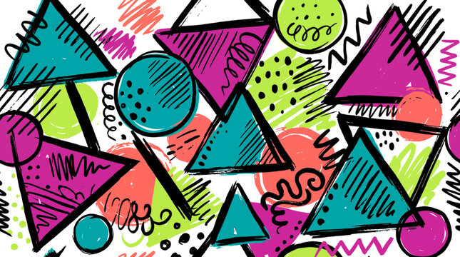 Abstract hand drawn geometric shapes with neon colors in memphis style on white background, illustrating retro textile design or vibrant background for digital media