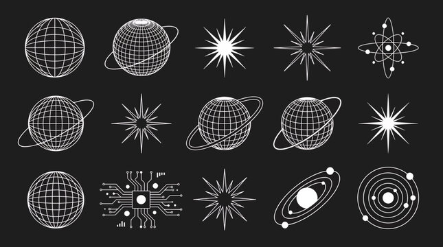 White minimalist wireframe globes, stellar stars and technological circuit icons on dark background, Symbolizing digital future innovation and representing orbital scientific exploration