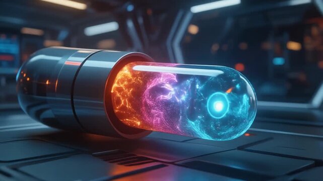 Futuristic capsule containing swirling glowing energy plasma resting on a metallic laboratory surface in motion
