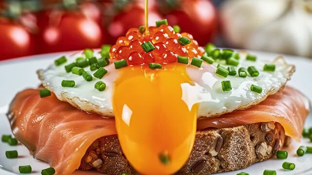 Salmon and fried egg toast with chives and roe