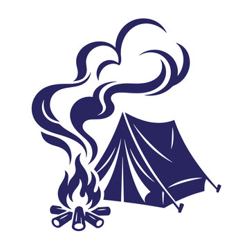 Campfire and tent vector illustration with smoke wisps white background campfire outdoors illustration silhouette adventure logotype template isolated geometric
