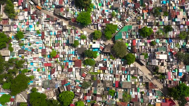 The northern cemetery in Manila from above, a tourist place where local poor people live among the graves. Travel concept.
