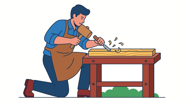 Man doing woodwork with a chisel and mallet