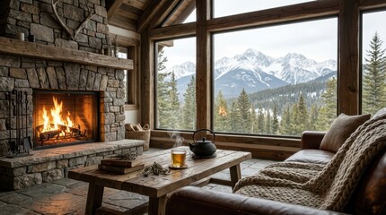 Naklejka premium Rustic living room with lit stone fireplace overlooking snowy mountain range through large panoramic windows