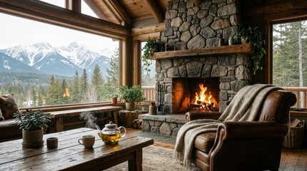 Naklejka premium Comfortable armchair and tea set by lit stone fireplace in rustic cabin living area with mountain views through windows