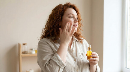 Fototapeta premium Curly-haired woman in beige shirt applying golden facial oil, enjoying a calm skincare moment in natural light.