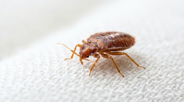 Reddish brown bed bug crawling on white textile surface