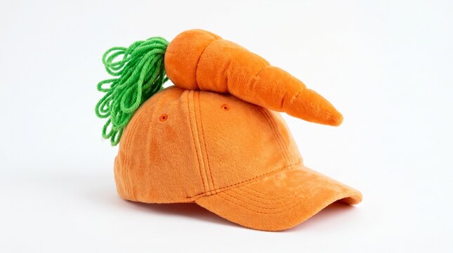Plush carrot baseball cap isolated on white background