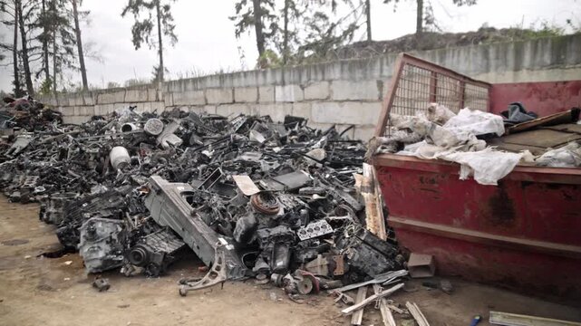 
Recycling of old cars. Automotive scrap. Recycling. Ecology and the environment. Scrap metal from old, destroyed cars. Metal recycling.