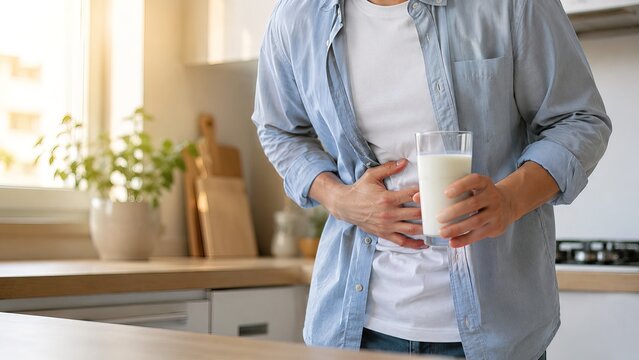Man Experiencing Stomach Pain After Drinking Milk in Kitchen Environment.