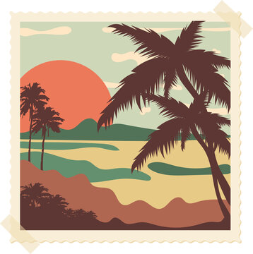 Retro Tropical Sunset Scene